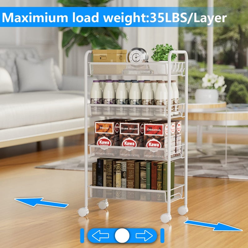 OVICAR 4 Tier Mesh Wire Rolling Cart, Kitchen Storage Organizer Utility Cart, Full Metal Basket Storage Art Trolley Carts with Wheels & 4 Side Hooks - Image 5